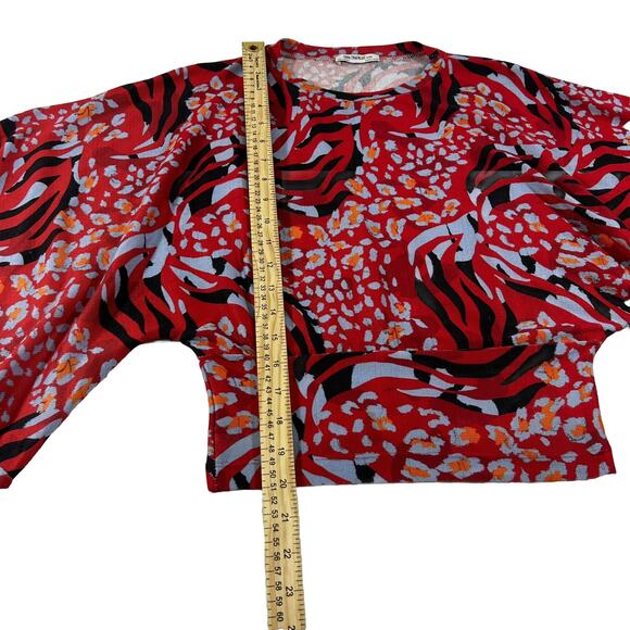 Zara Trafaluc Collection Red Flowy Crop Top Sz Small Red Blue Orange Tie Sleeve - Picture 6 of 11